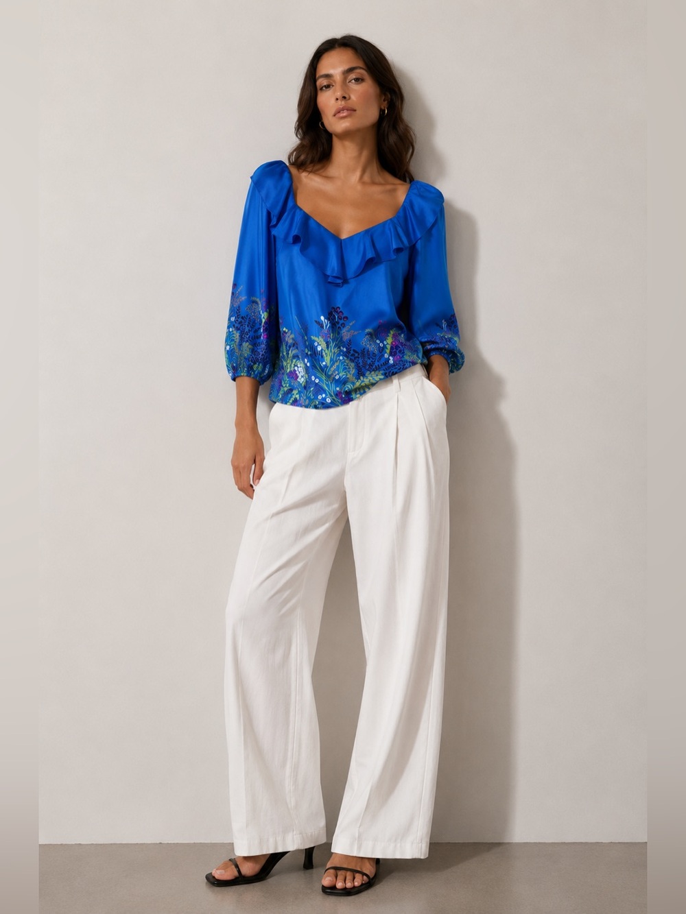 Tibi blue satin floral blouse